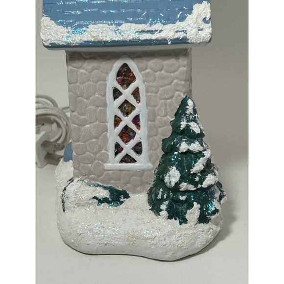 Vintage Ceramic Light Up winter Church Village Blue Steeple Stained Glass Look - Picture 14 of 16